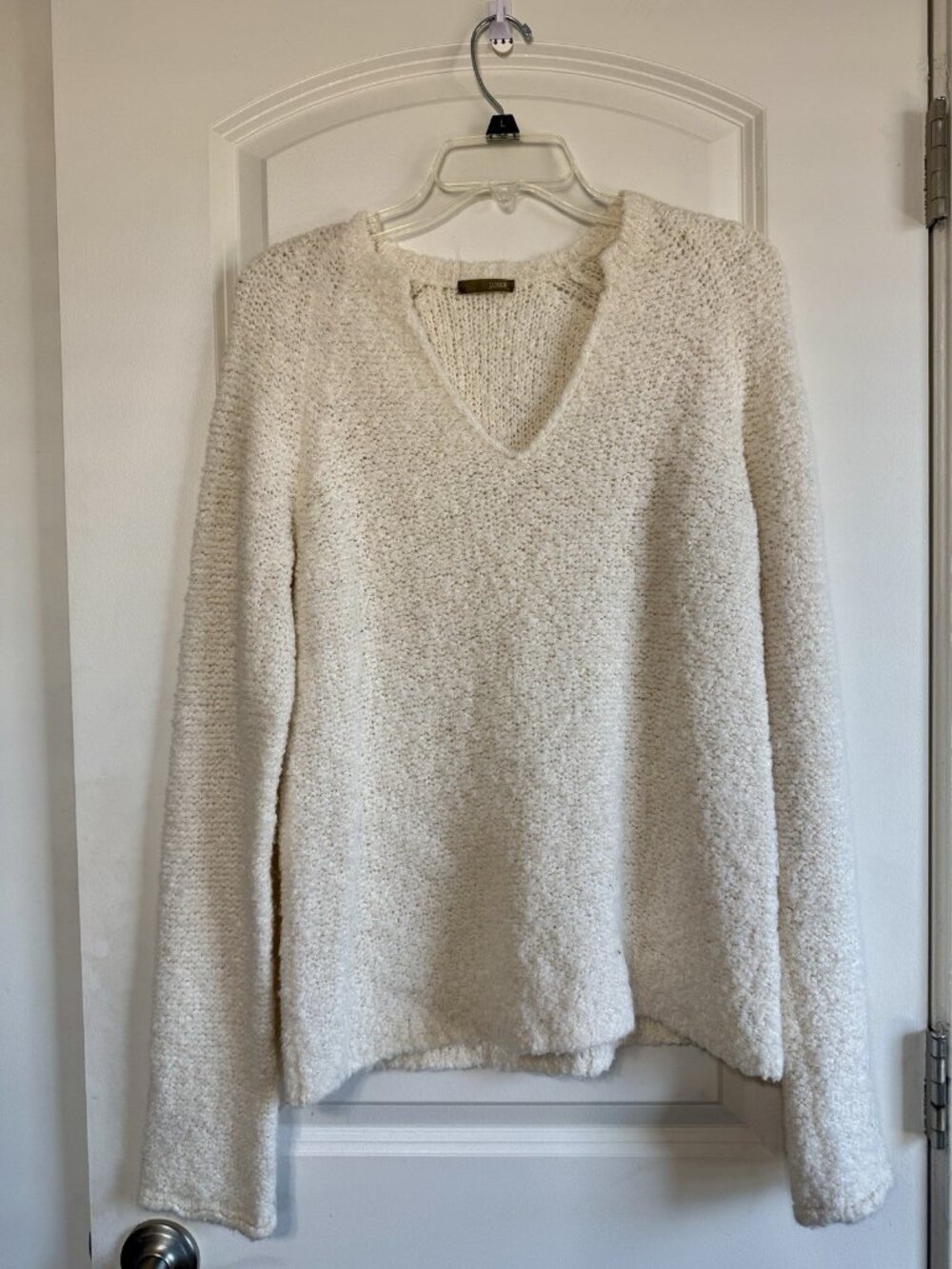 J Crew Womens Ivory Boucle Knit Long Sleeve V Neck Sweater Top Wool M Quiet Lux